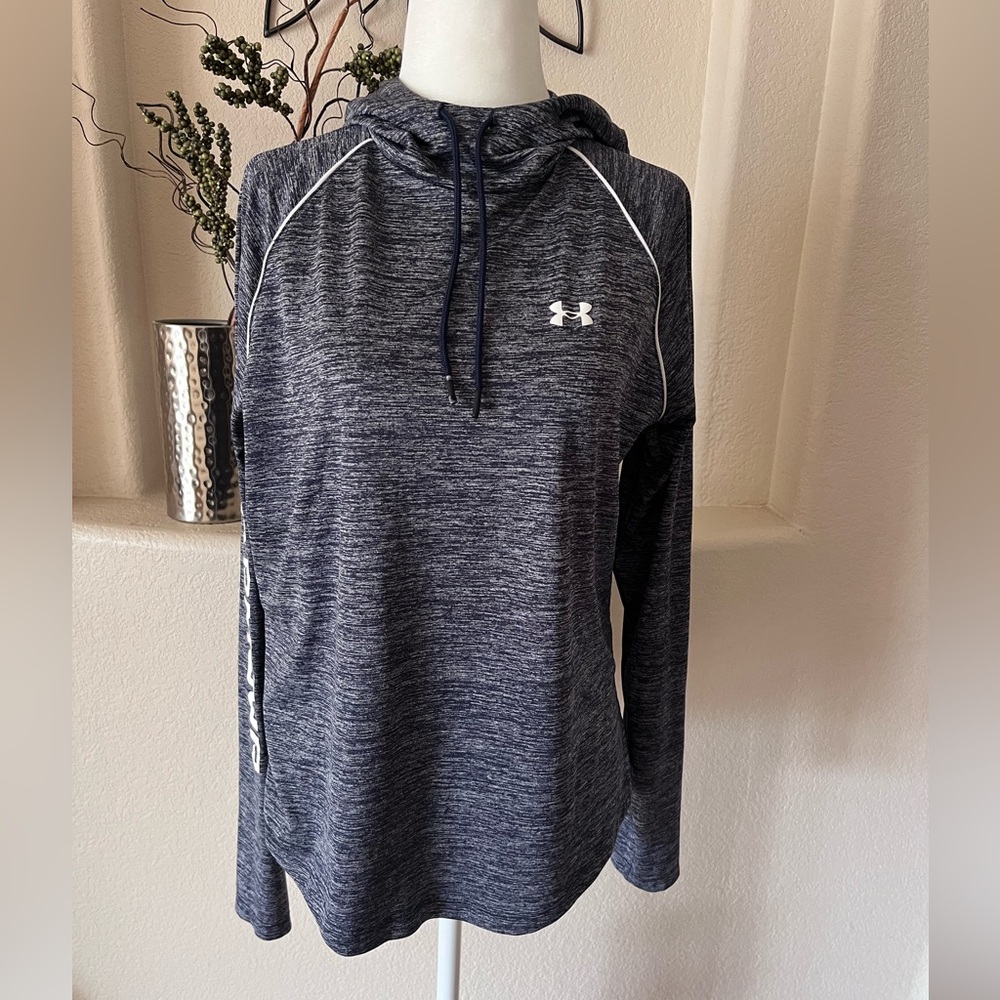 Womens L Under Armour Loose Velocity Wordmark Hoodie Blue Spacedye Spellout